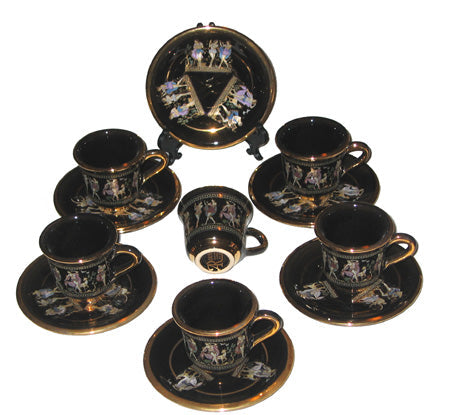 Demitasse Cups And Saucers (Set of Six) - Black With 24K Gold