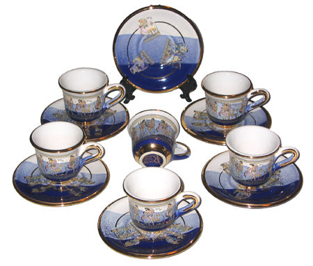 Demitasse Cups And Saucers (Set of Six) - Blue & White With 24K Gold
