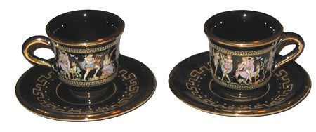 Demitasse Cups And Saucers (Set of Two) - Black Greek Key With 24K Gold