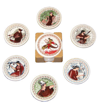 Set of Six Ceramic Coasters - Greek Gods & Heroes - White - set of 6