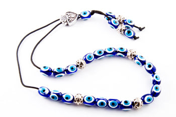 Evil Eye Worry Beads - Oval Blue With Patterned Metal Beads - 1 pc.