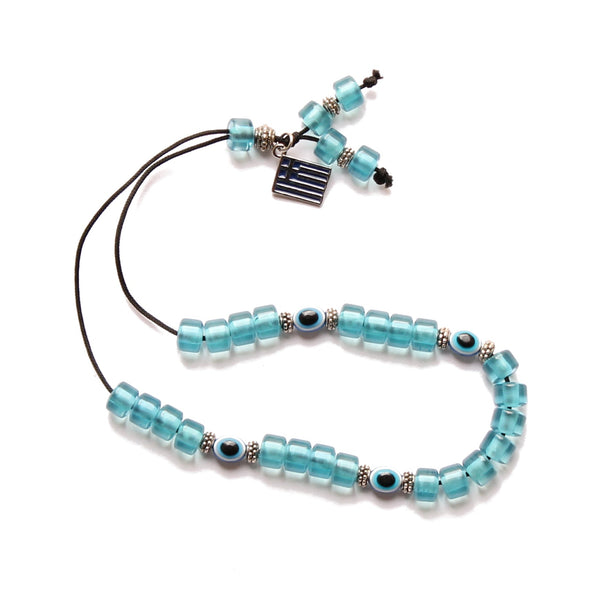 Evil Eye Worry Beads - Transparent Turquoise With Greek Flag Charm - 1 pc